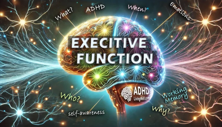 Visual representation of executive function circuits in the ADHD brain with labeled cognitive functions, highlighting the complexity of ADHD symptoms.
