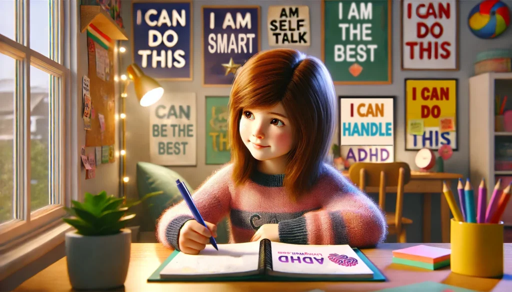 Child practicing positive self-talk to enhance executive functions with affirmations like 'I can do this' - ADHDLivingWell.com.